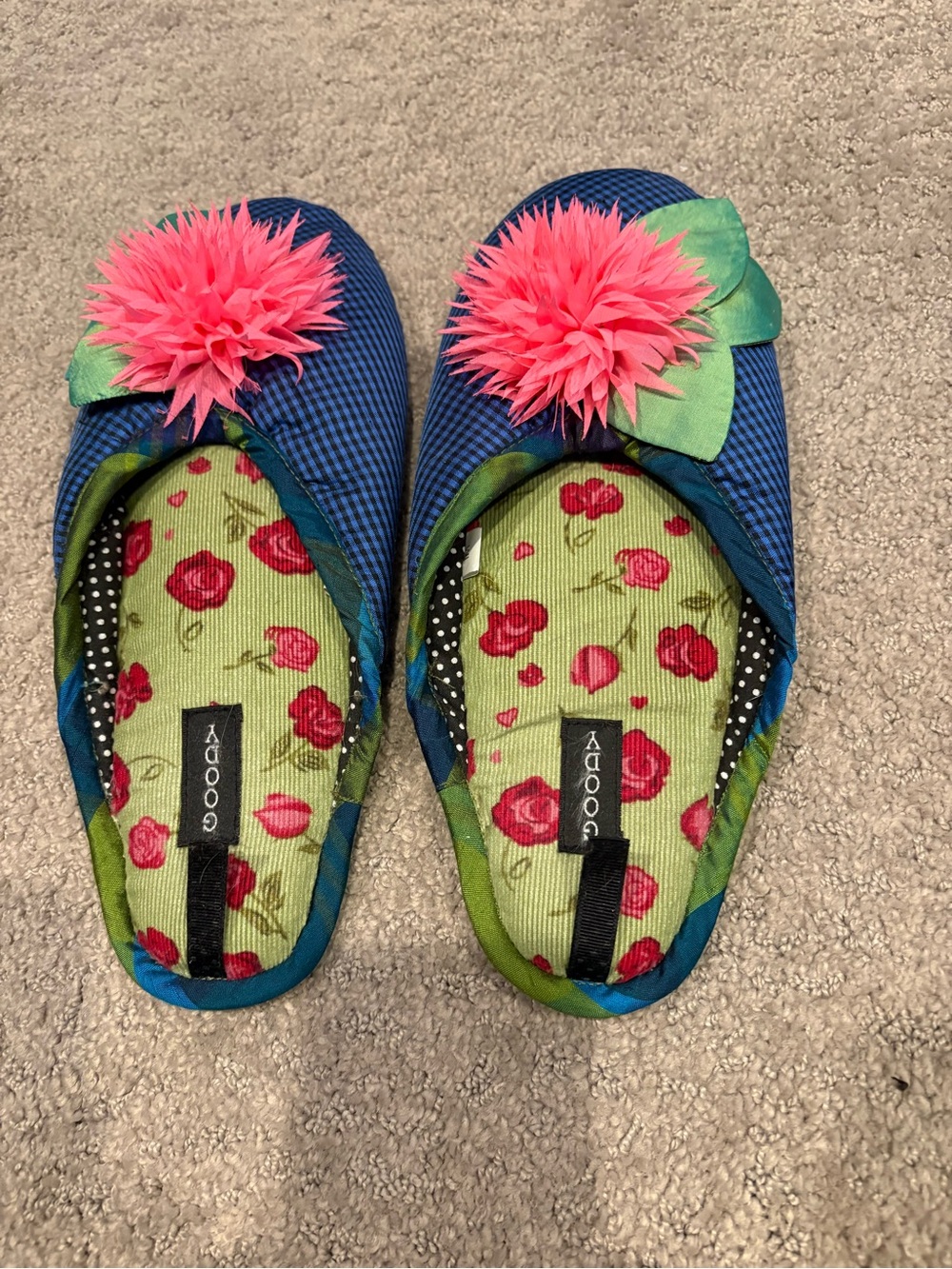 Goody Blue Floral Indoor Slippers with Pink Pom Accent